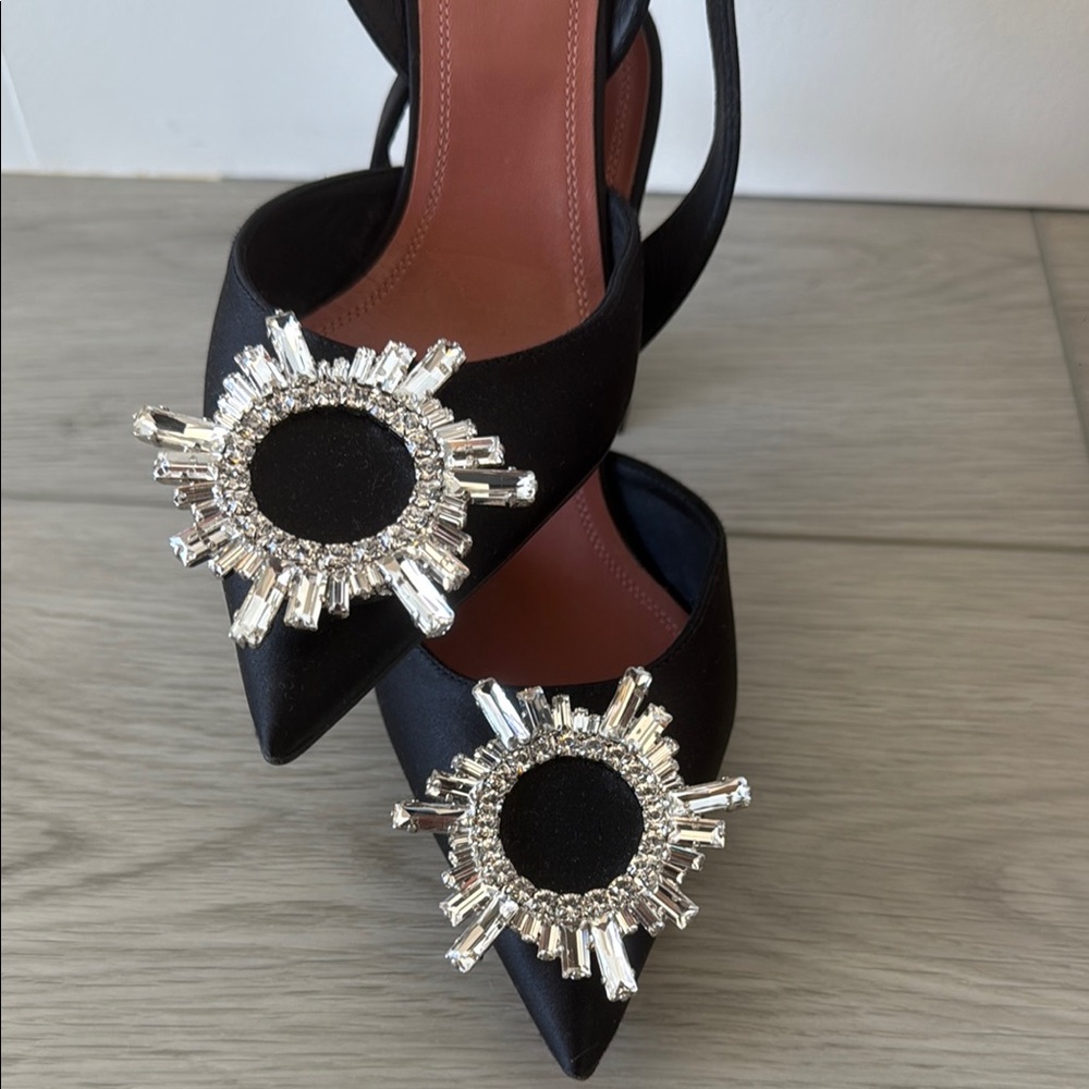 Amina Muaddi Black and Silver Heels with Crystal Embellishments